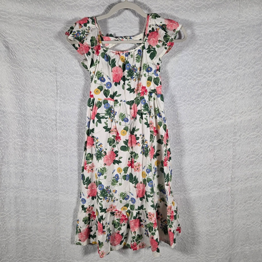 Old Navy Girls Floral Midi Dress White Pink Blue Smocked Tie Back Size L 10-12